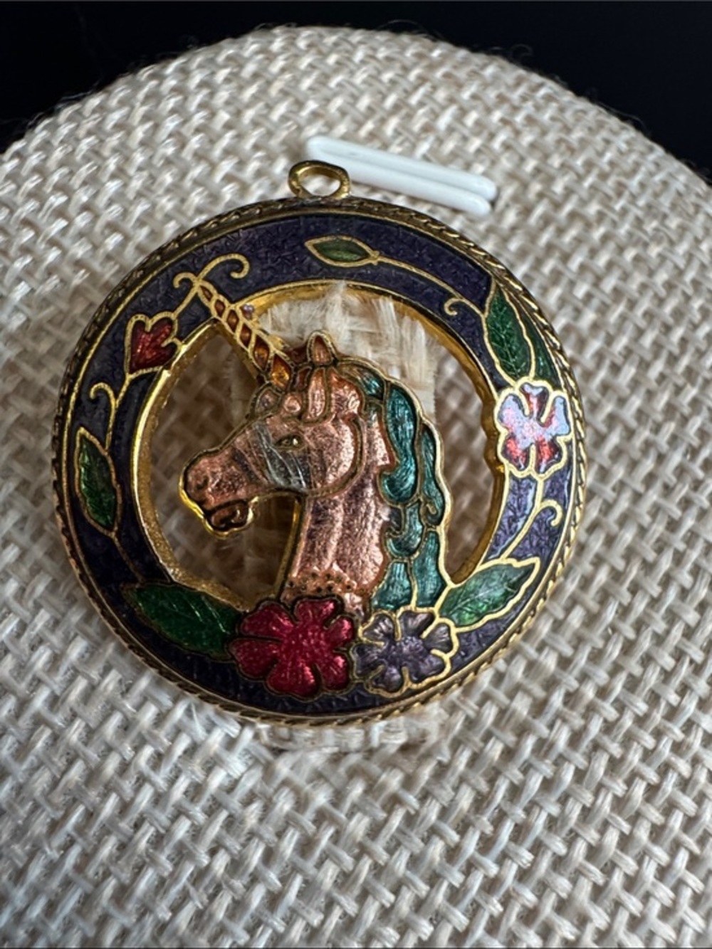 VTG SPI Cloisonne Enamel Unicorn Pendant Brass 1980s Mythical Boho